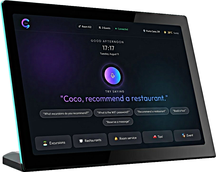 Tablet Coco con la interfaz de conserje por voz y servicios para huéspedes
